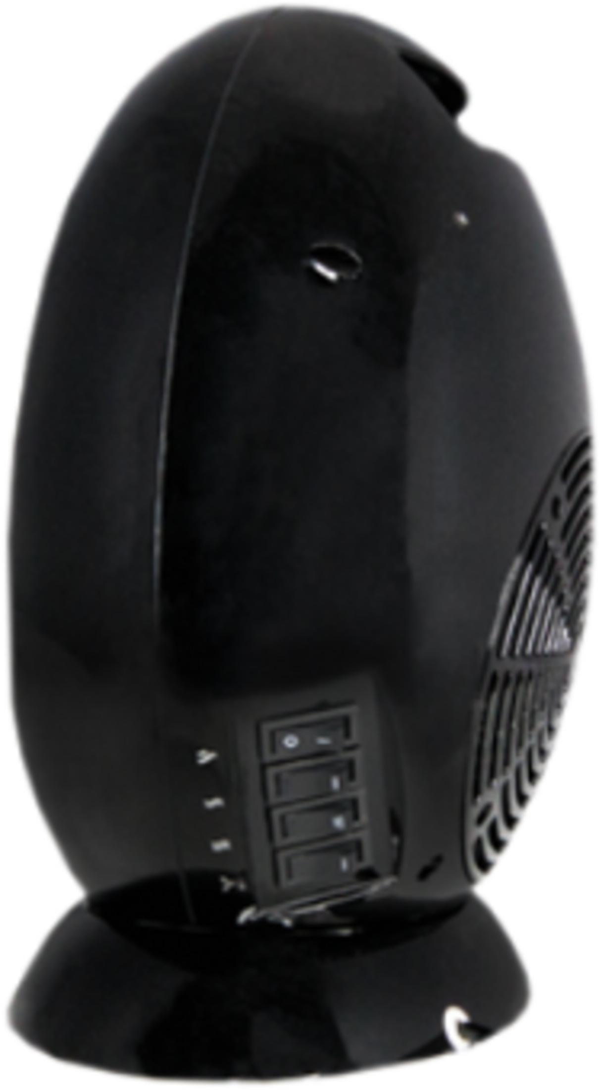 Un radiateur soufflant noir ovale avec des interrupteurs sur le côté et des grilles.