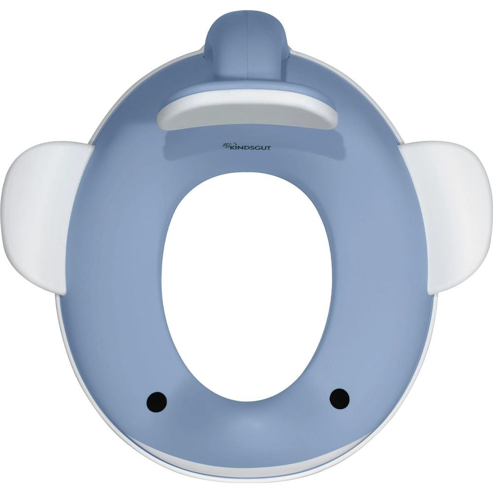 Ein blauer Baby-Toilettensitz mit Ohren und Augen, der wie ein Elefant aussieht.