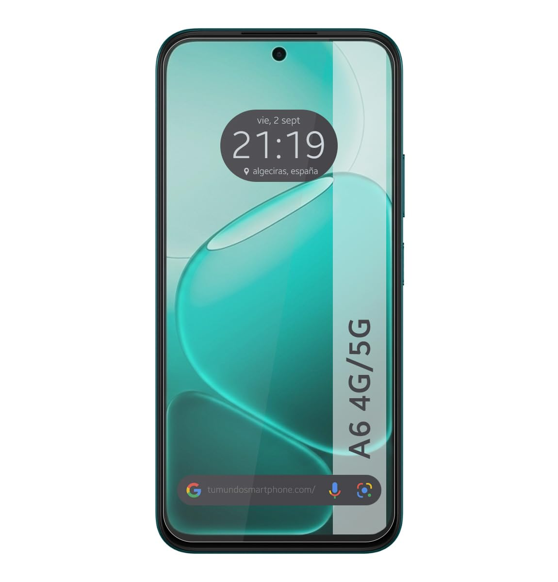 Un smartphone muestra las 21:19 con fondo de pantalla y el texto A6 4G/5G.