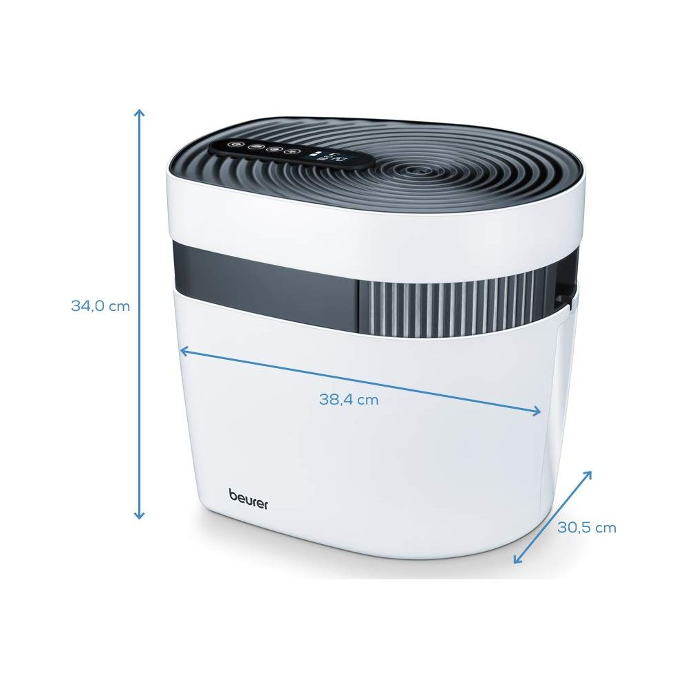 Un purificateur d'air blanc avec un dessus noir et un écran numérique. Les dimensions sont indiquées.