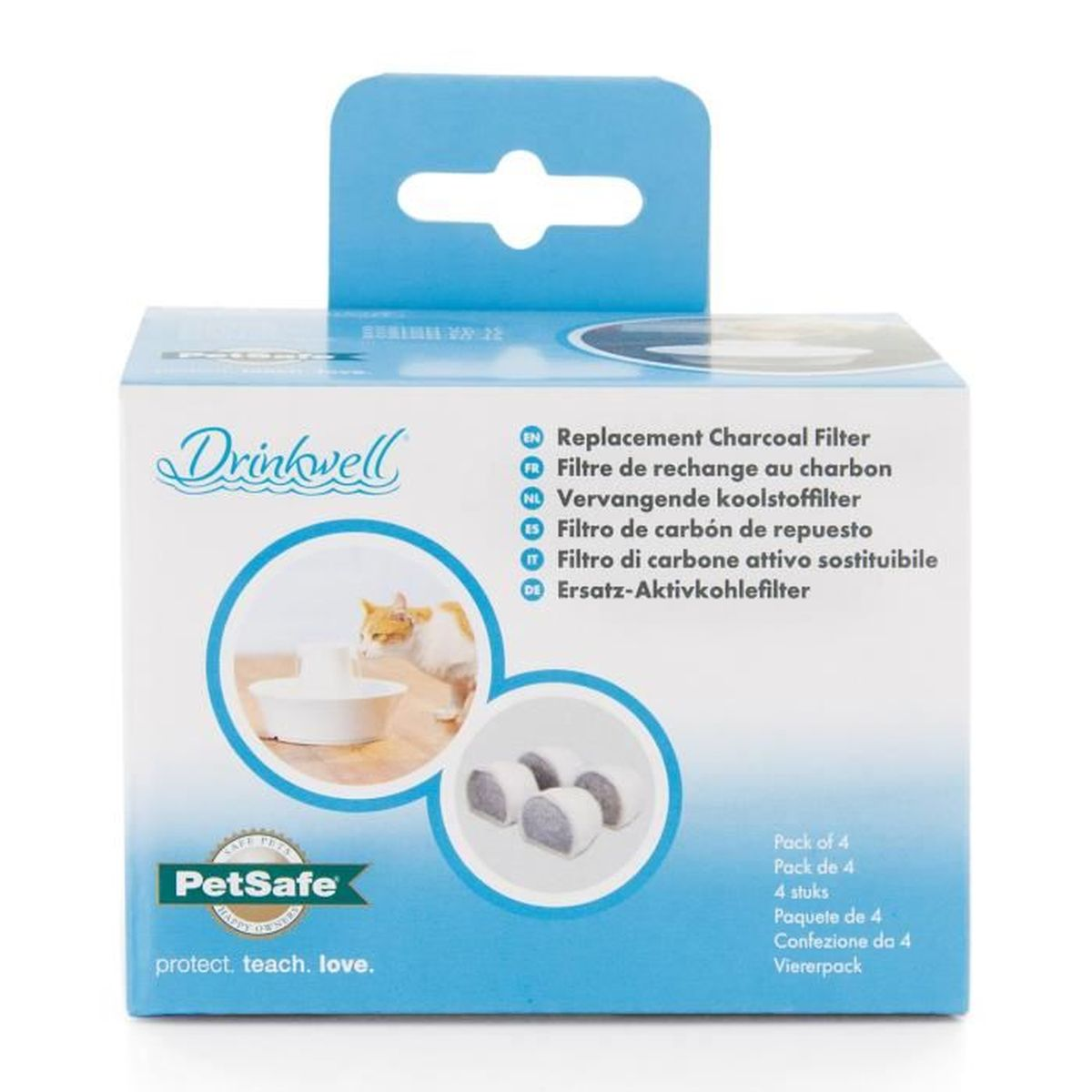 Verpackung für Drinkwell Ersatz-Aktivkohlefilter mit Katze und Filter abgebildet.