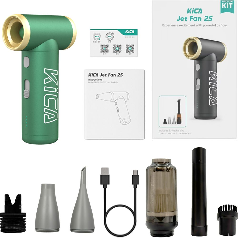 Grüner KICA Jet Fan 2S mit Zubehör, Anleitungen und Verpackung.