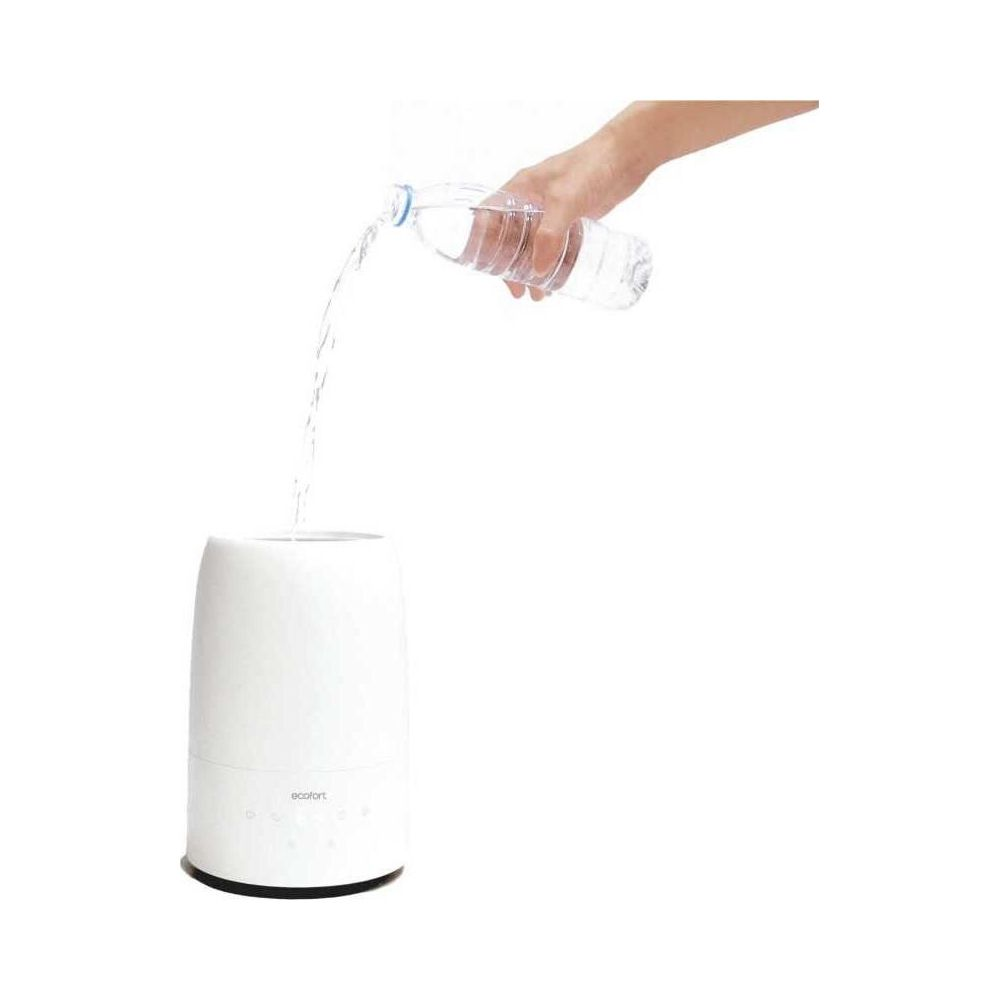 Eine Hand gießt Wasser aus einer klaren Flasche in einen weißen Luftbefeuchter.