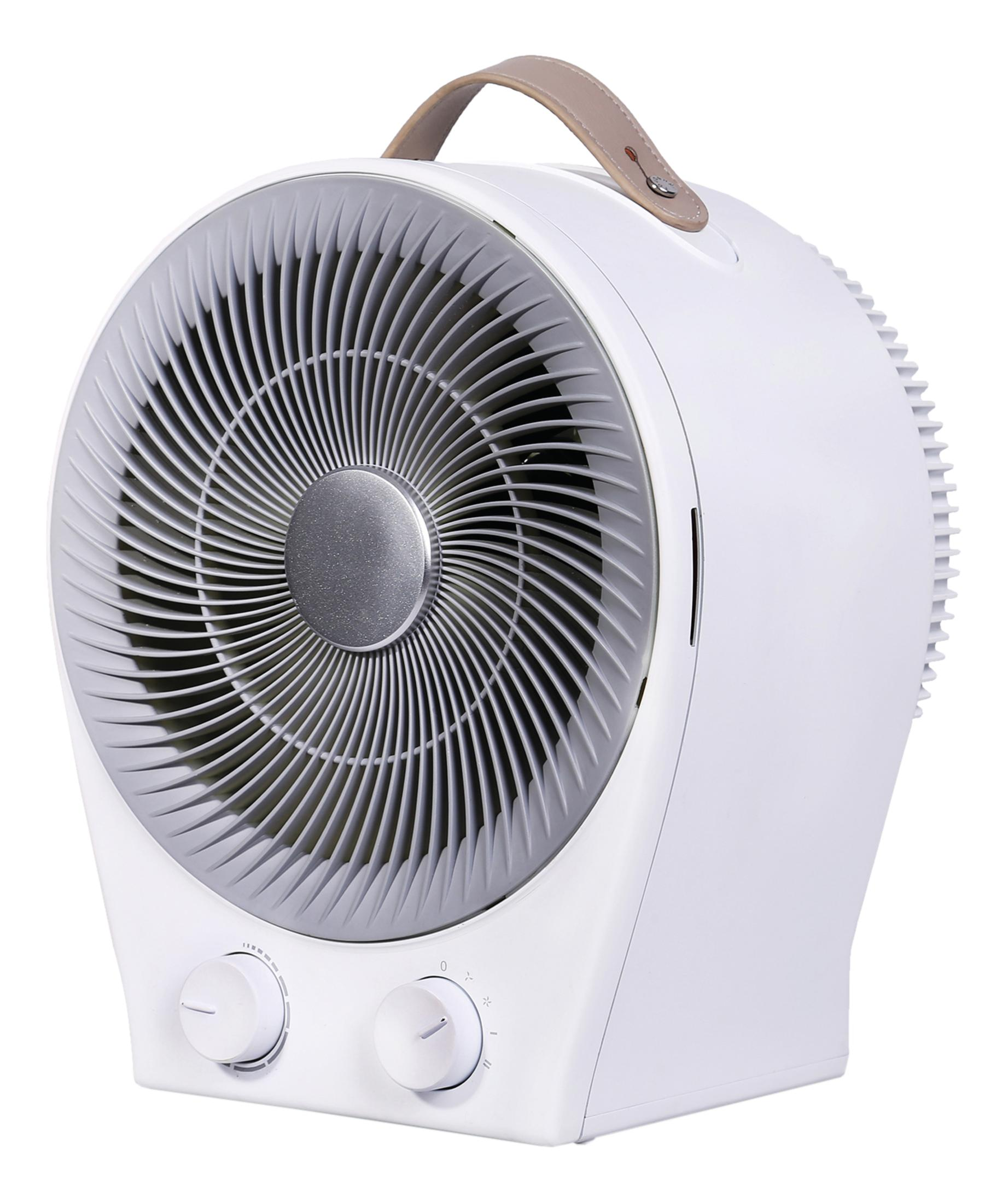 Ein weißer Ventilator mit grauer Lüfterabdeckung und braunem Tragegriff.