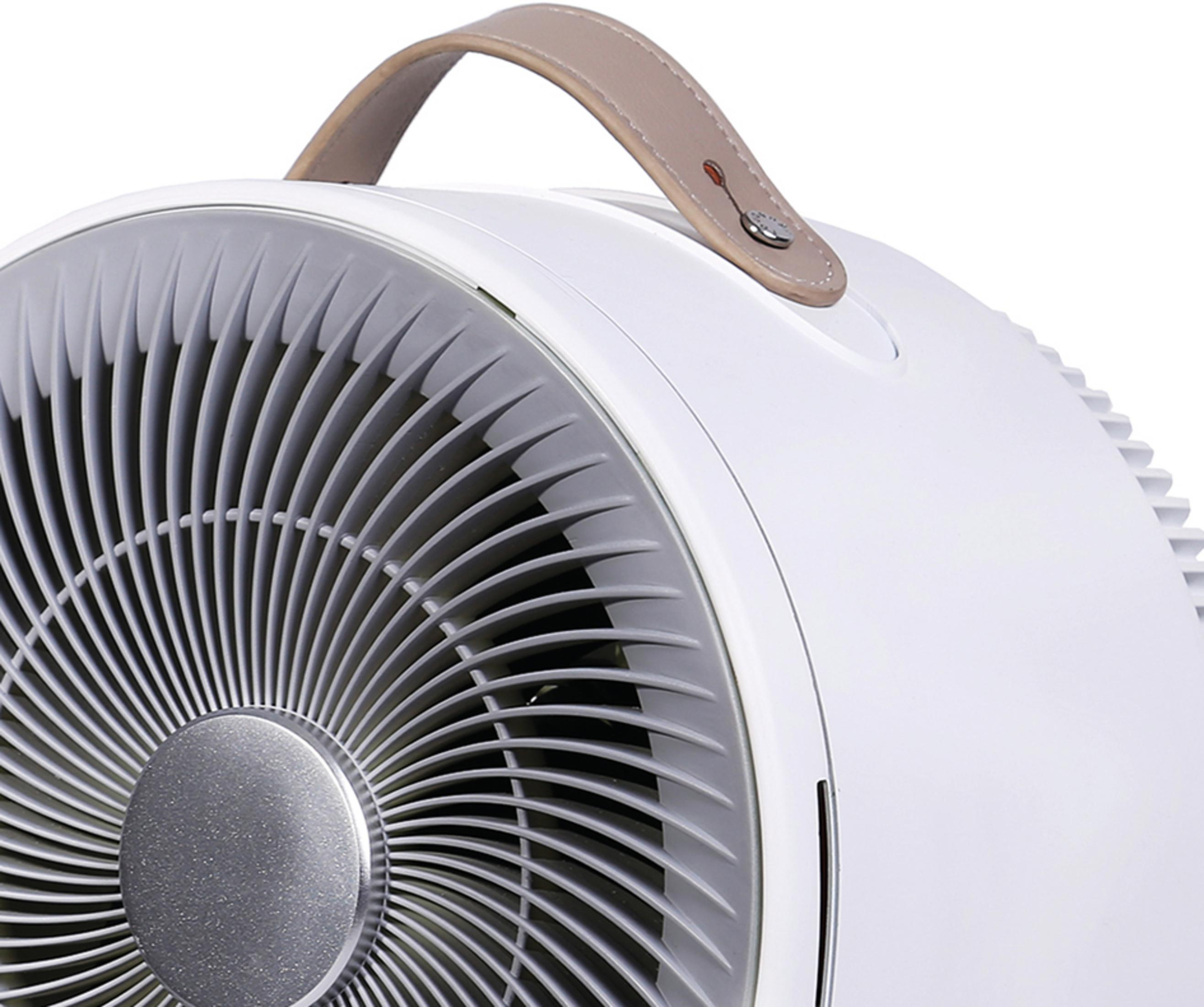 Ein weißer Ventilator mit grauer Lüfterabdeckung und einem braunen Ledergriff.