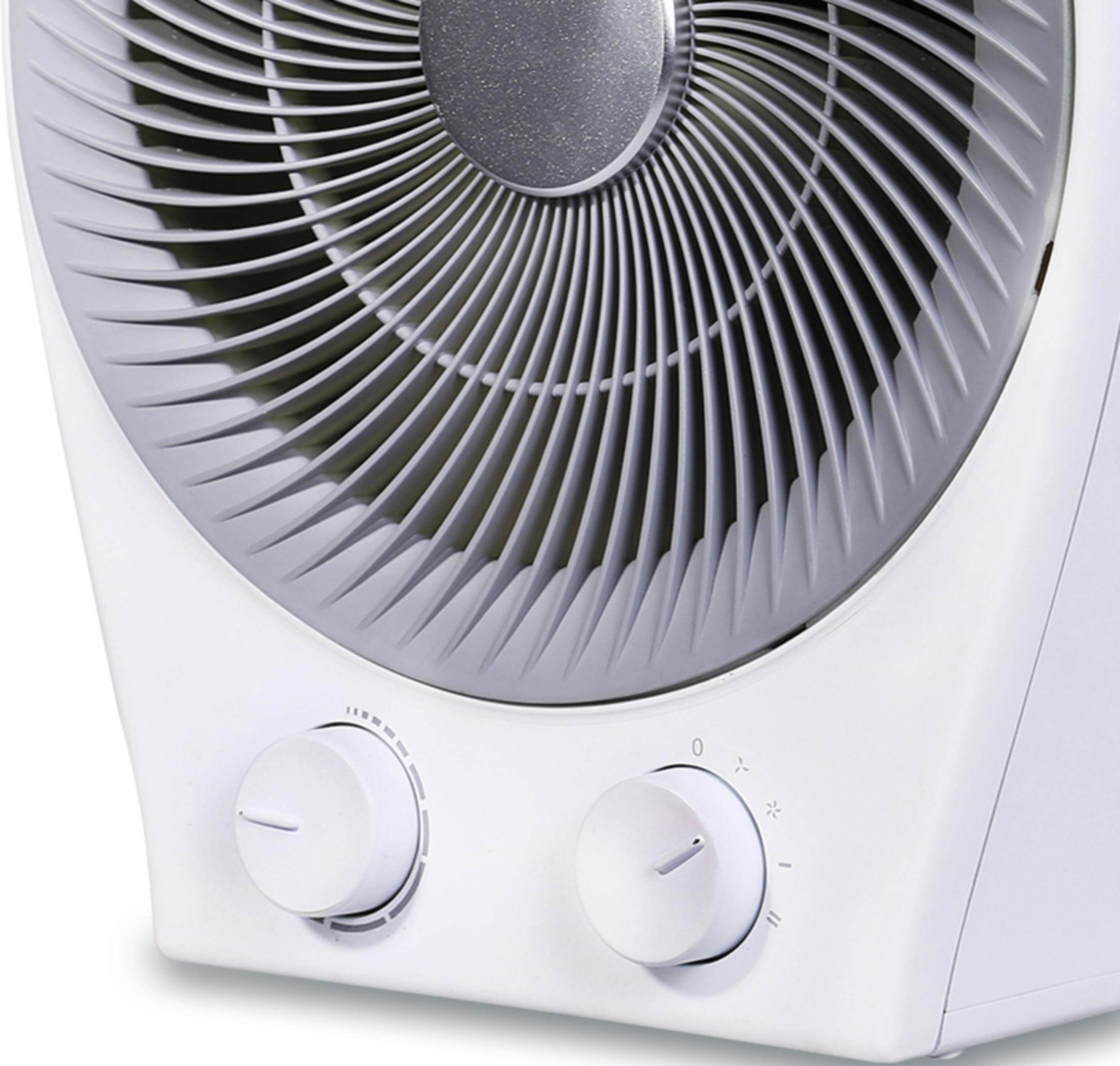 Nahaufnahme eines weißen Ventilators mit zwei Drehreglern und Lüfterblättern.