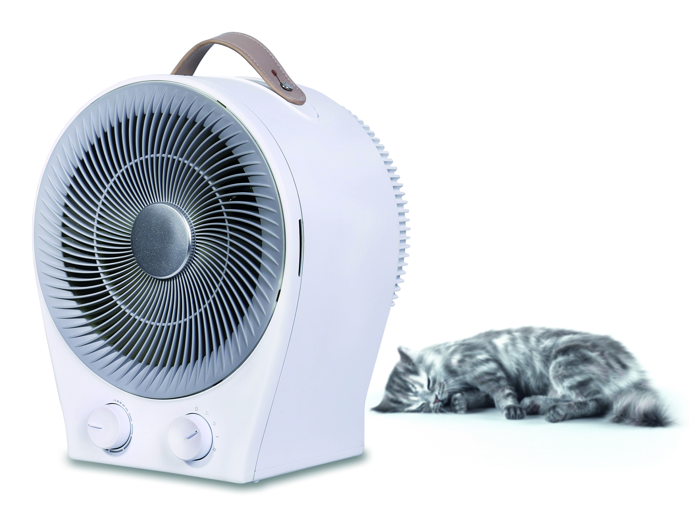 Ein weißer Ventilator steht links, daneben schläft eine getigerte Katze auf weißem Grund.