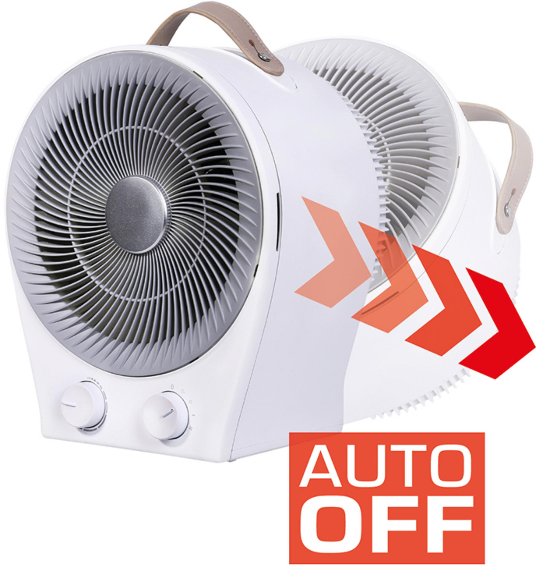 Ein weißer Ventilator mit Griffen, roten Pfeilen und AUTO OFF-Aufschrift.