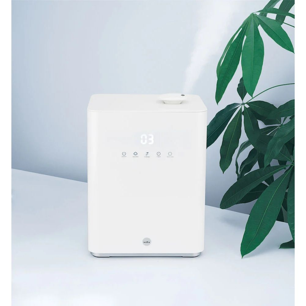 Un umidificatore bianco con display digitale e foglie verdi accanto.
