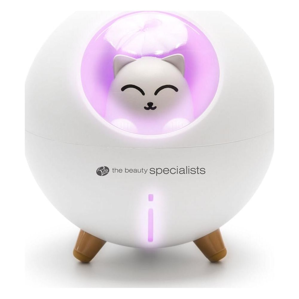 Un diffusore bianco a forma di gatto con luce viola e gambe di legno.