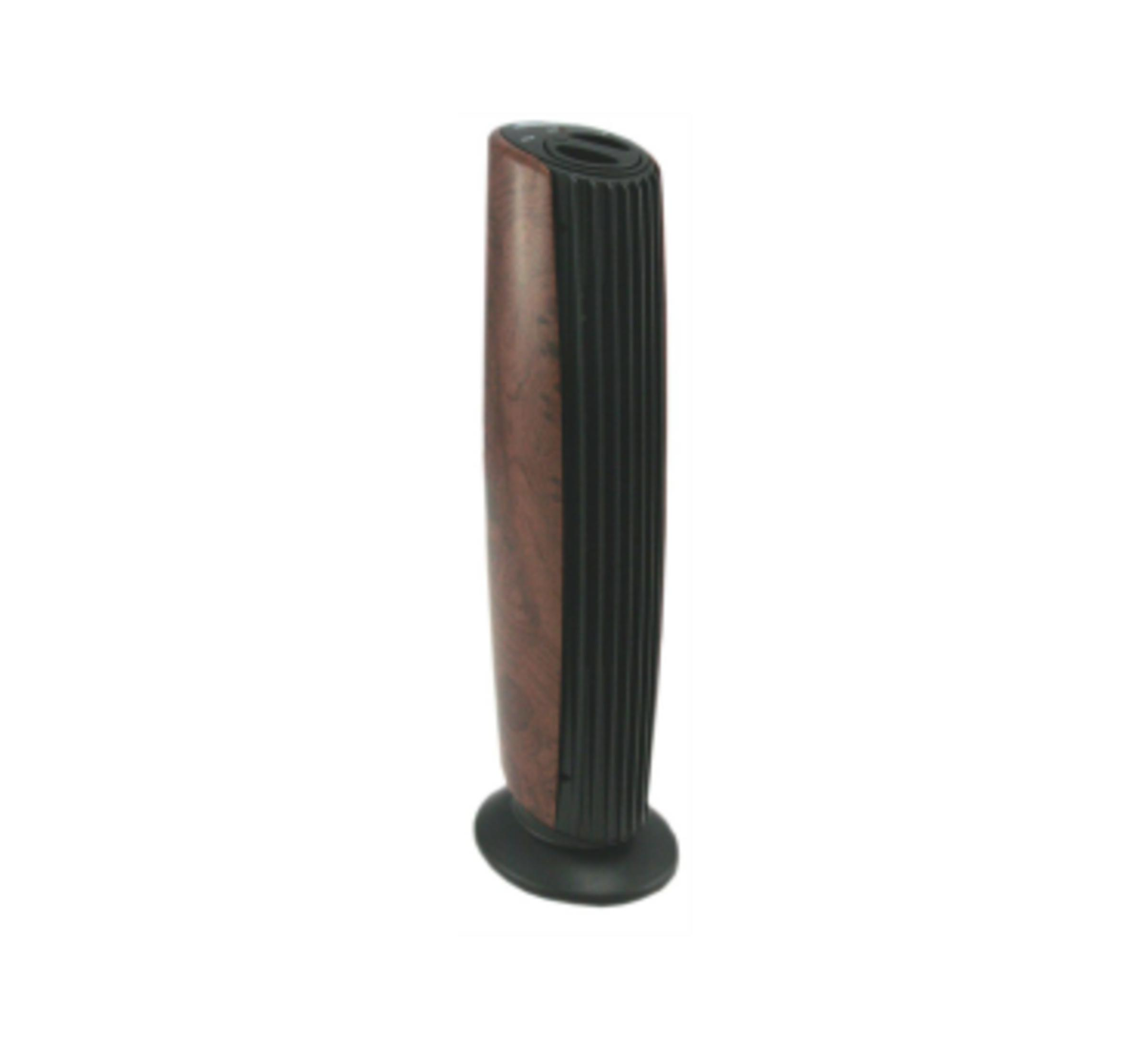 Ein schlankes, aufrechtes Gerät mit Holzmaserung und schwarzen Rillen auf einem schwarzen Sockel.