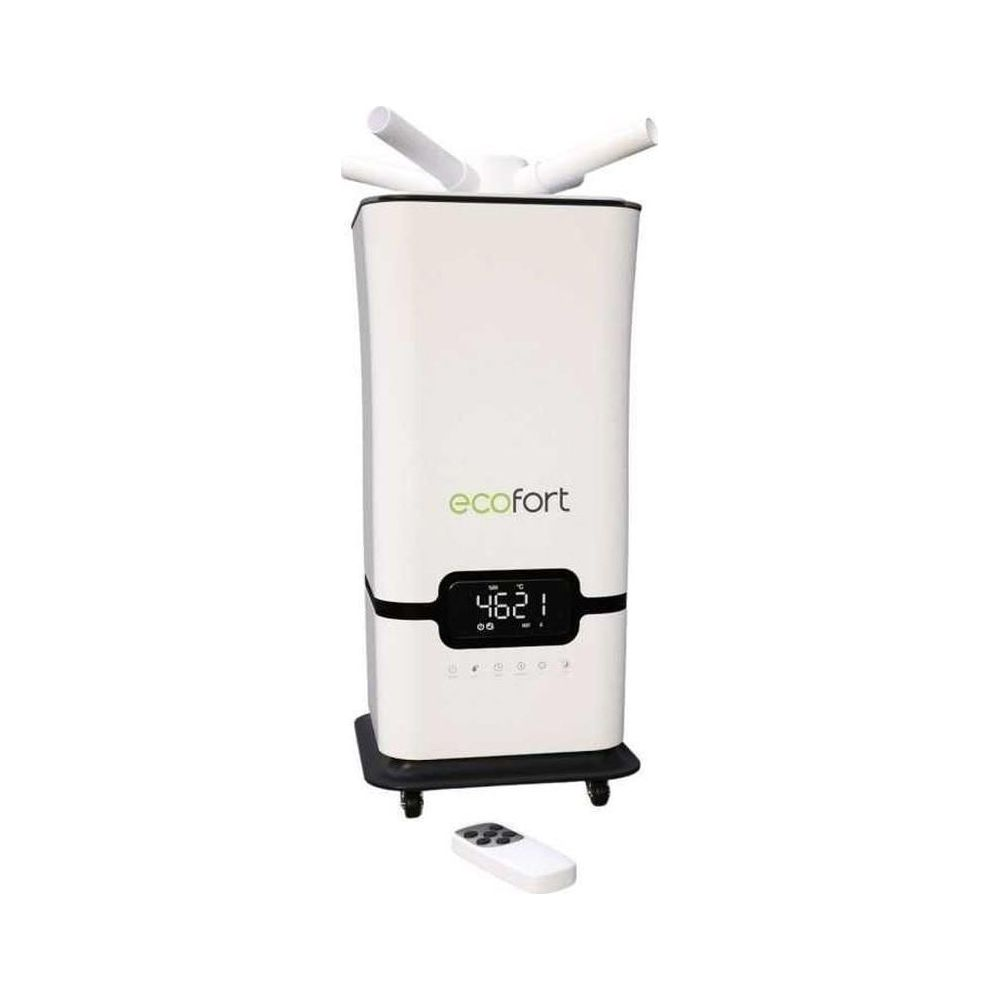 Umidificatore bianco Ecofort con display digitale che mostra 46.2 e un telecomando.