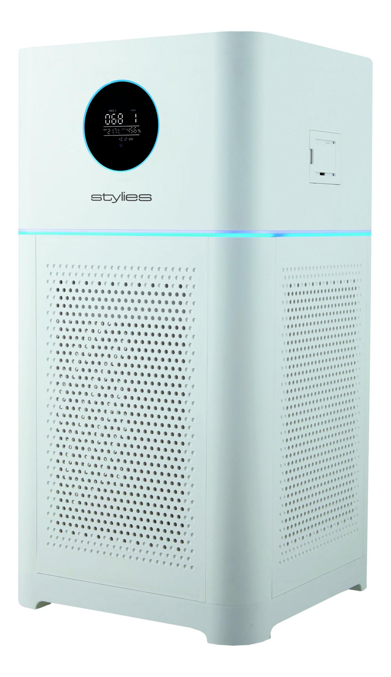 Un purificatore d'aria bianco con display digitale e fessure di ventilazione.