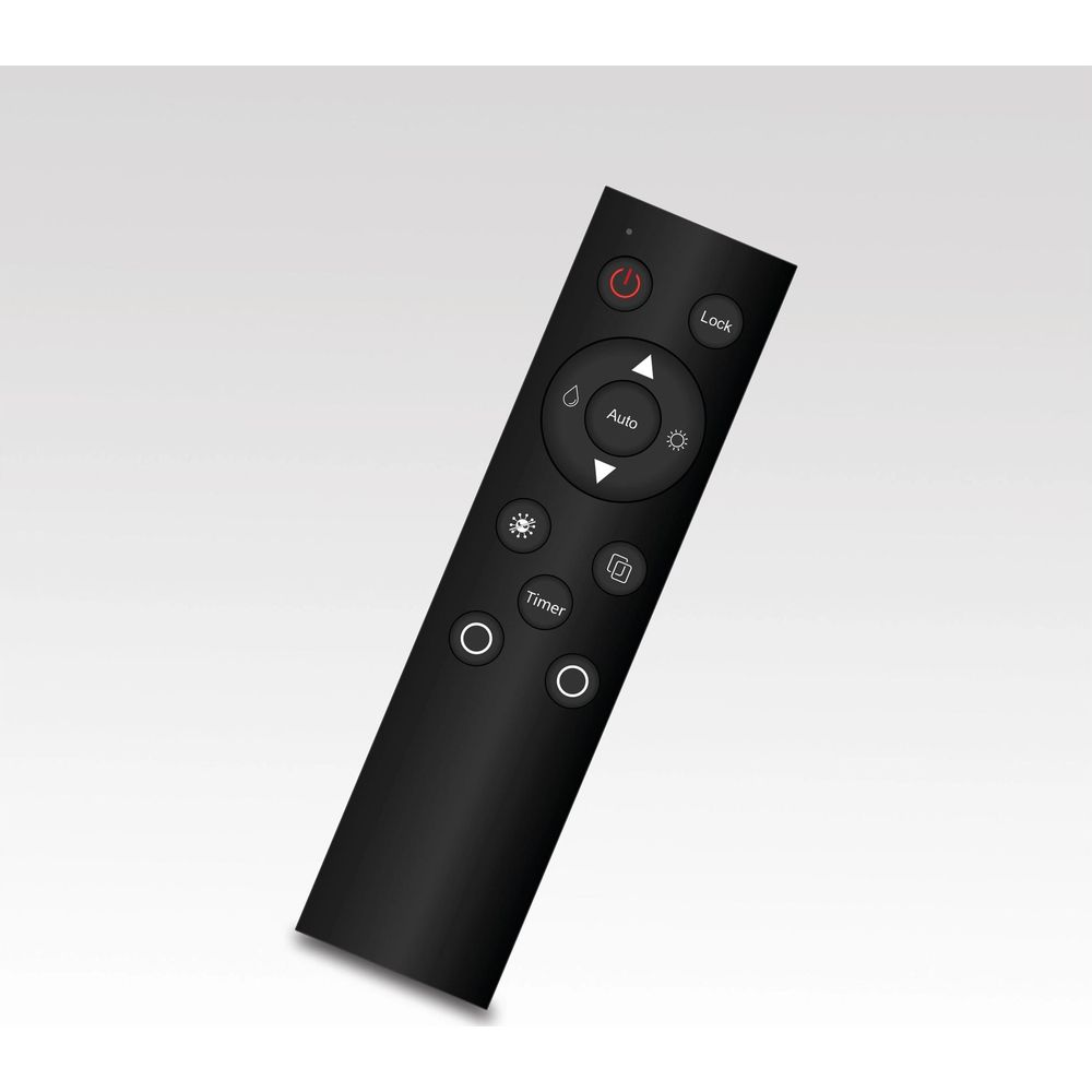 Un telecomando nero con pulsanti Lock, Auto e Timer su sfondo grigio.