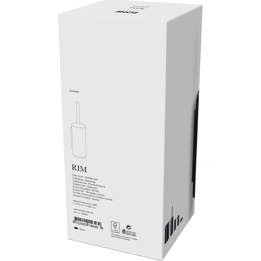Verpackung für eine schwarze Wand-WC-Bürste aus Aluminium/ABS.