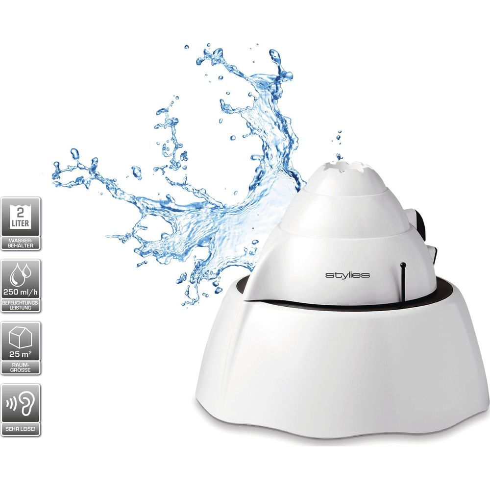 Un umidificatore bianco con funzione spray d'acqua e specifiche tecniche.