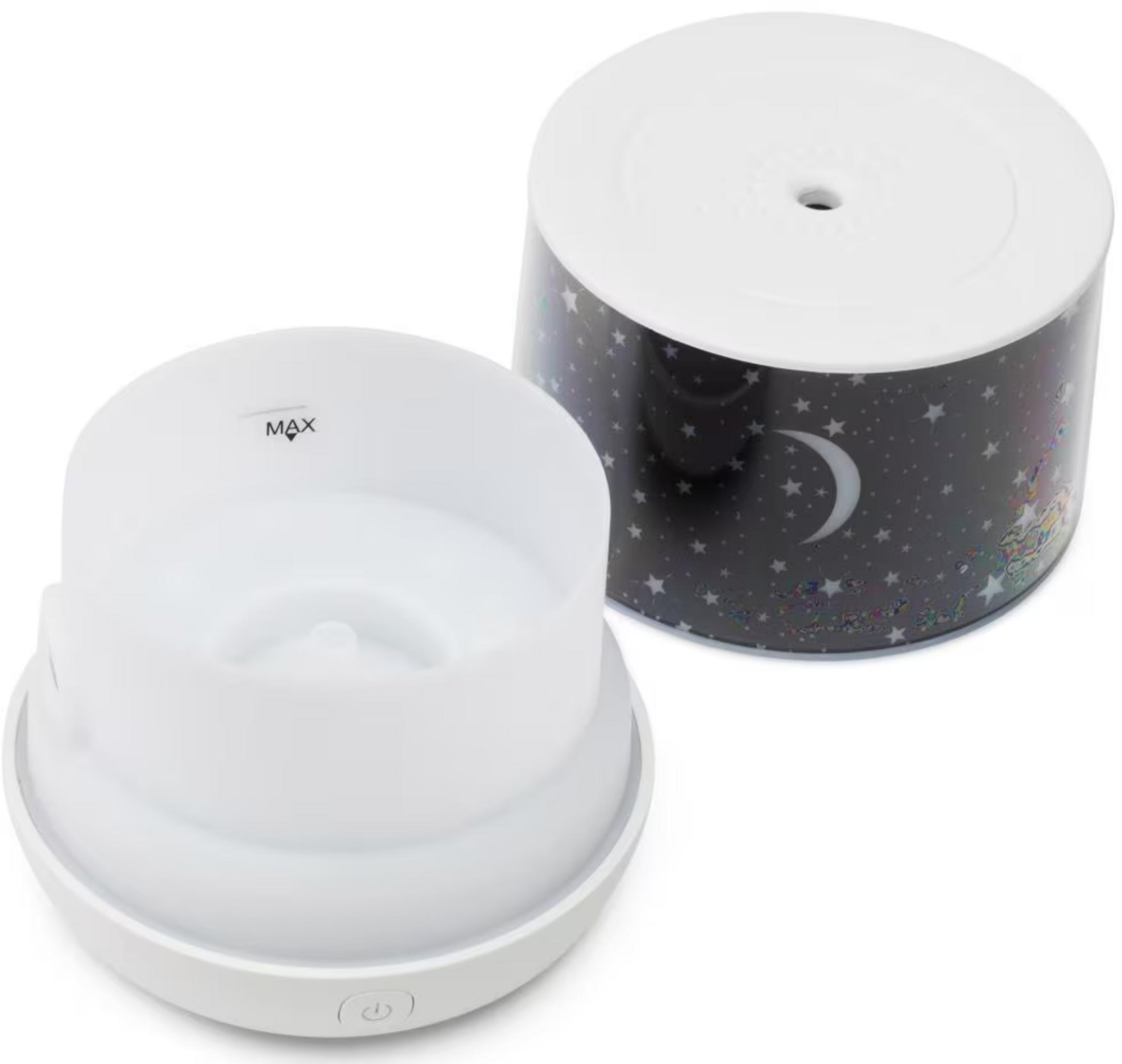 Un diffusore bianco con motivo a stelle e luna, aperto e chiuso.