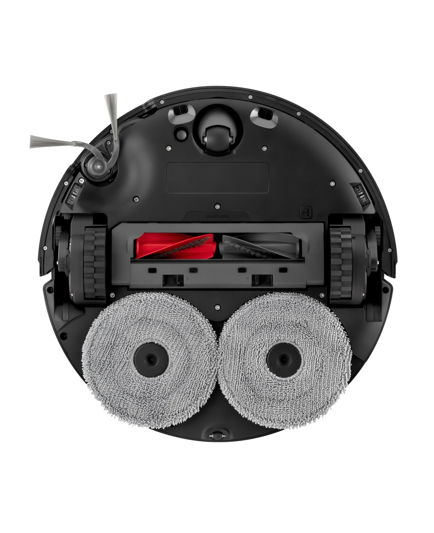 Parte inferior de un robot aspirador negro con dos mops grises y cepillos rojo-negros.