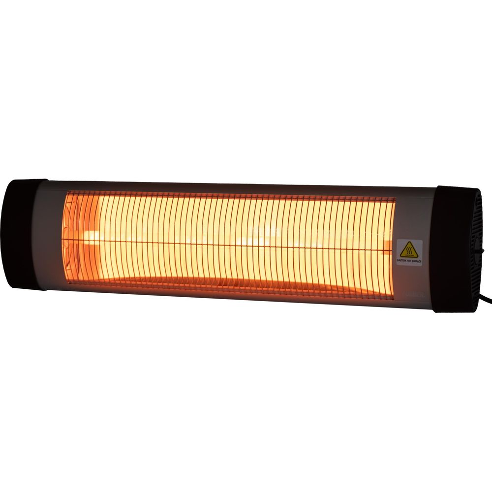 Un lungo e sottile riscaldatore con elementi riscaldanti incandescenti arancioni e un simbolo di avvertenza.