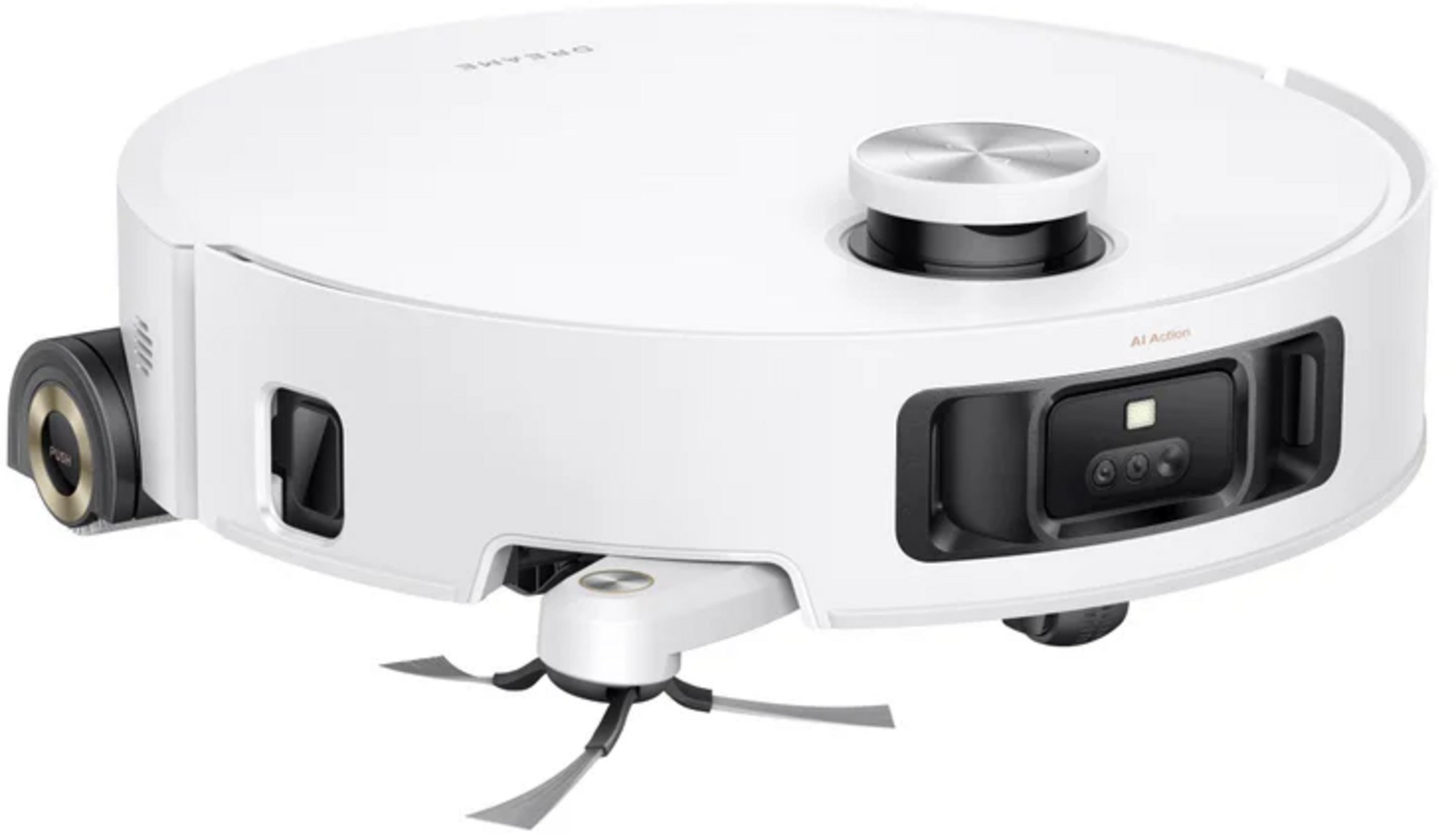 Un robot aspirapolvere bianco con accenti neri e argento, spazzole anteriori.