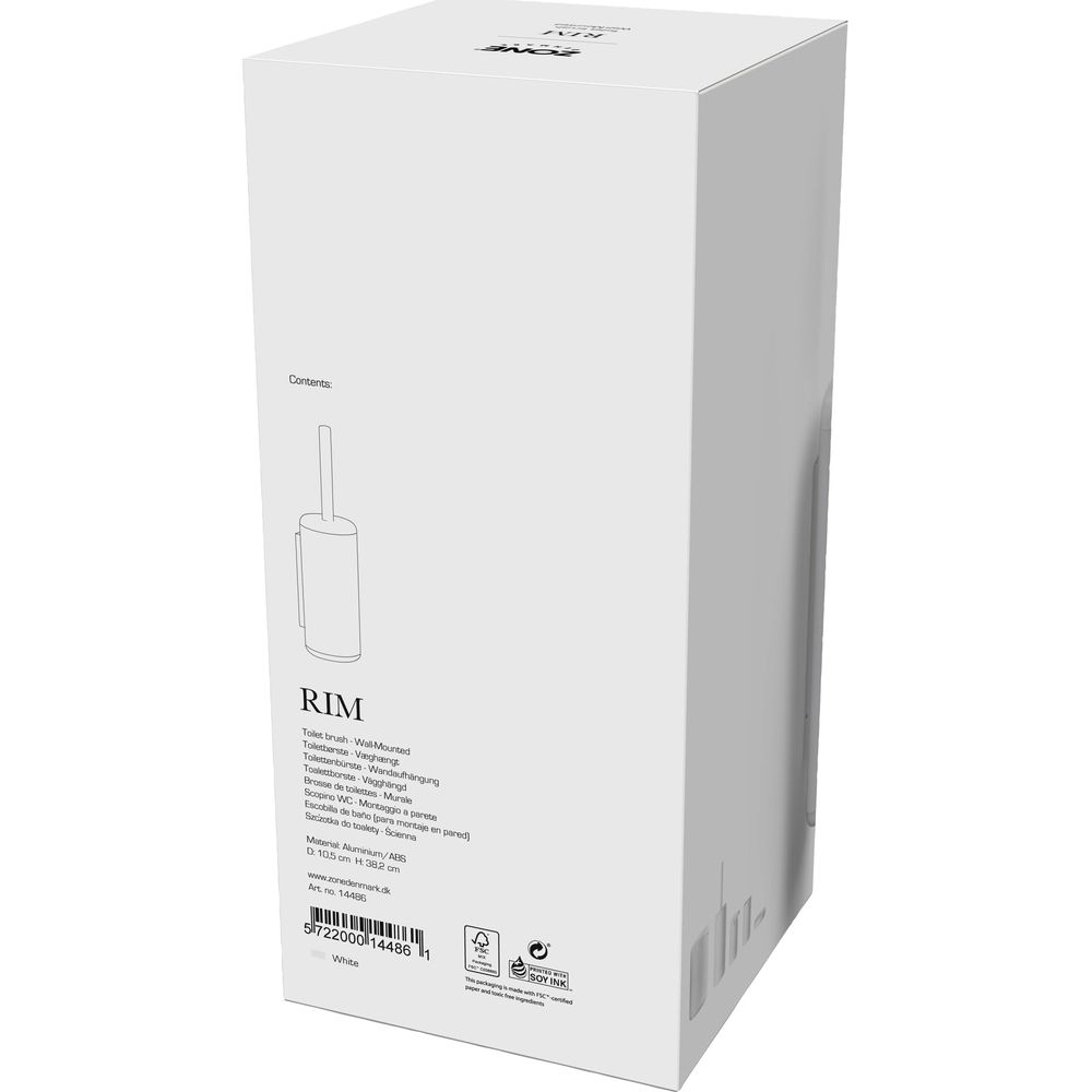 Weiße Verpackung mit schwarzer Schrift für eine Wandmontage-Toilettenbürste.