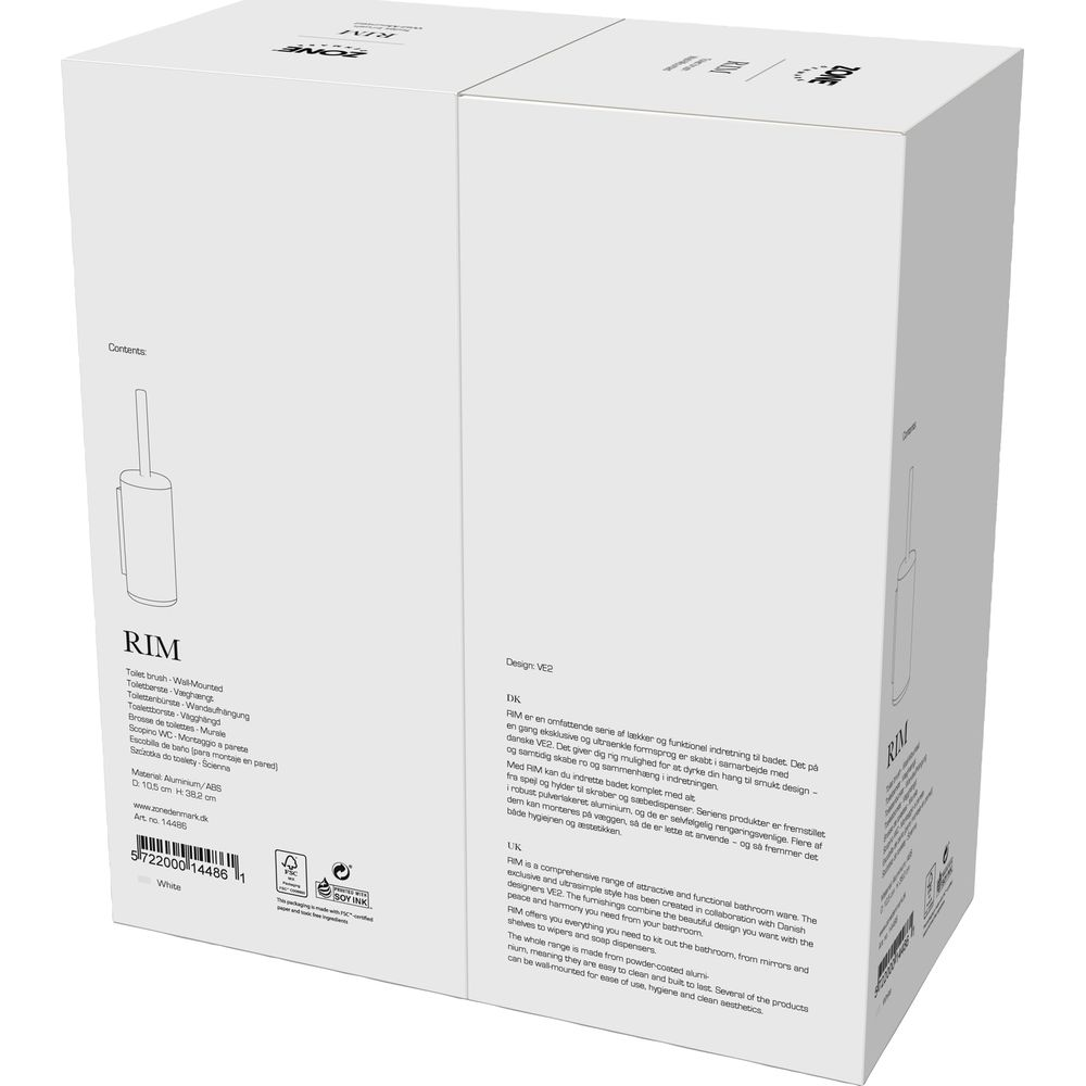 Verpackung eines weißen Wand-WC-Bürstenhalters mit Produktinformationen.
