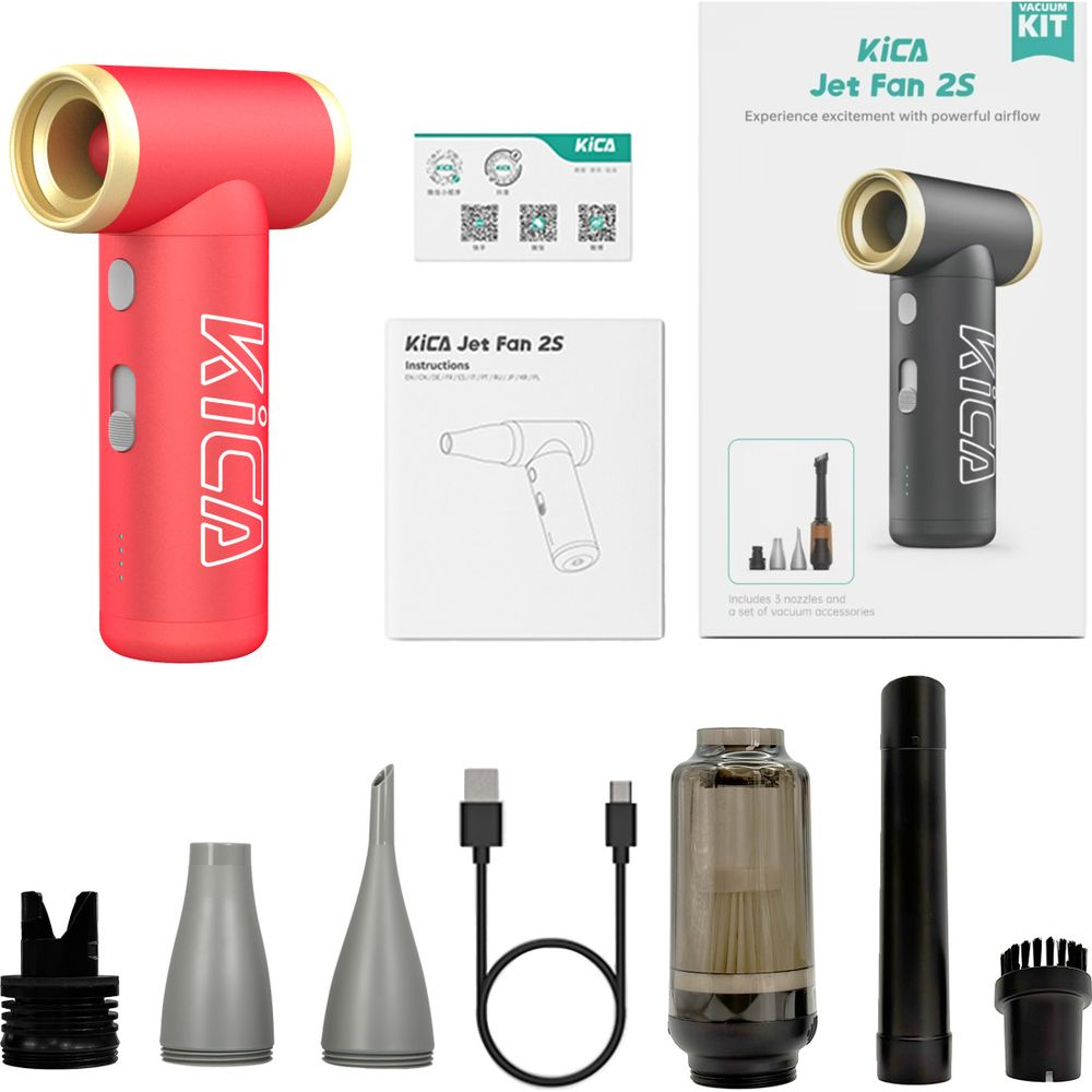 Ein roter KICA Jet Fan 2S mit Zubehör, Anleitung und Verpackung.