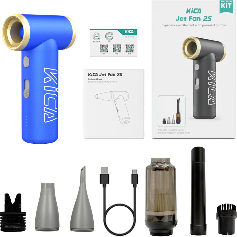 KICA Jet Fan 2S bleu et gris avec accessoires, instructions et emballage.