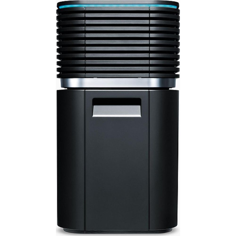 Un purificatore d'aria nero con anello argentato e parte superiore blu.