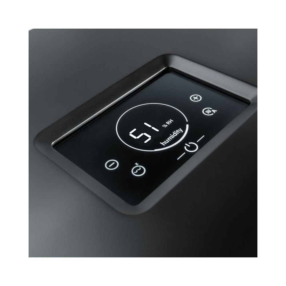 Display digitale mostra 51% di umidità con icone di accensione, timer, più e meno.