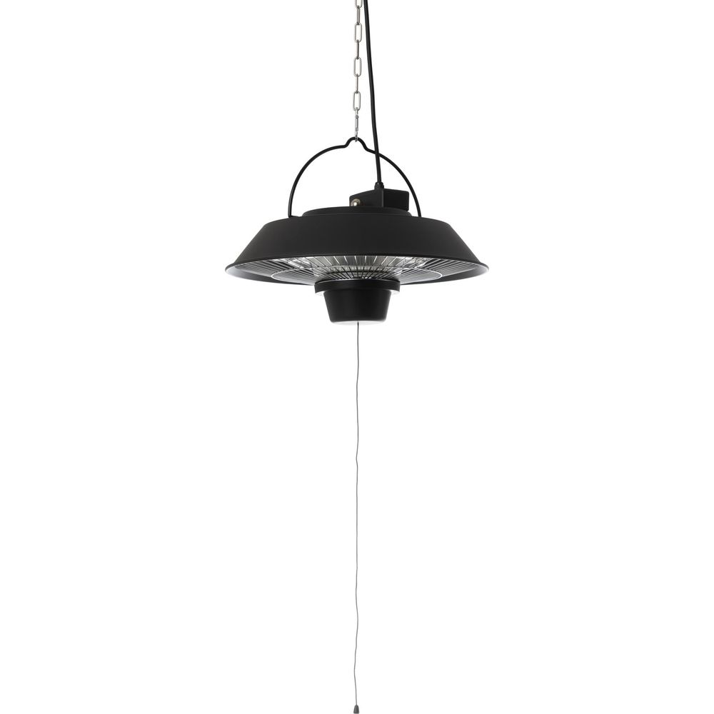 Riscaldatore da soffitto nero con catena e interruttore a cordicella.
