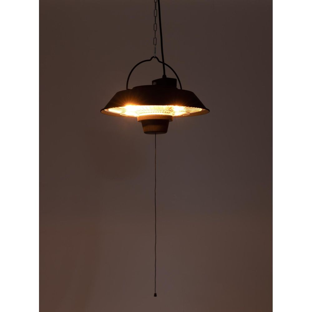 Una lampada a sospensione con paralume scuro e elemento riscaldante luminoso.