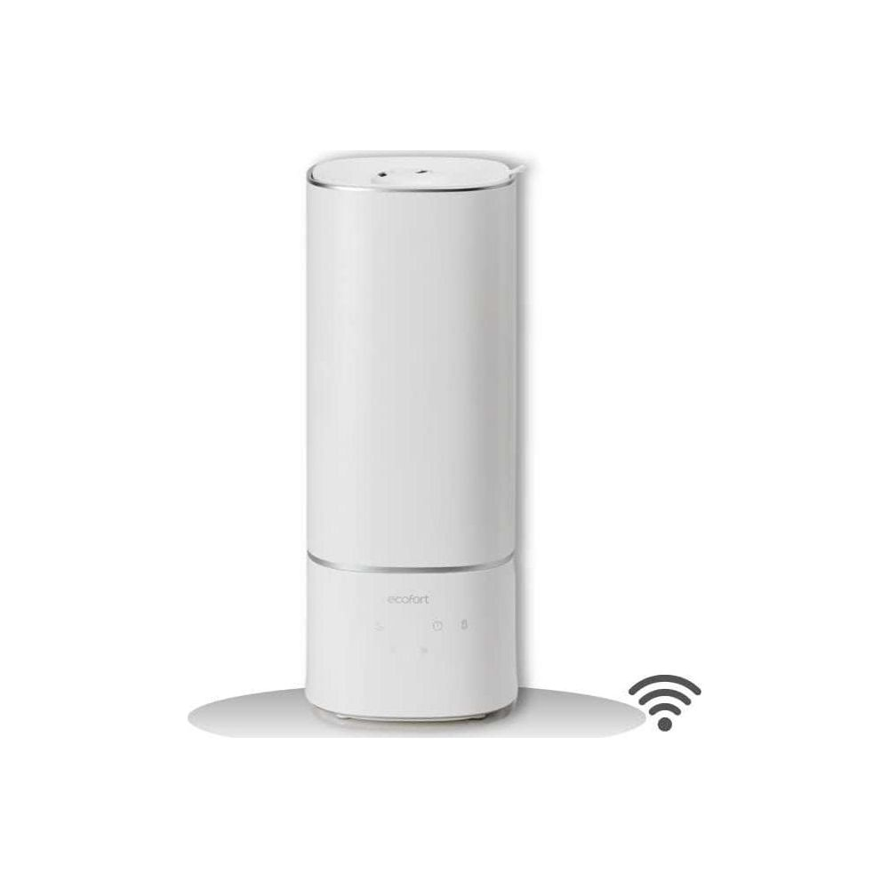 Un umidificatore bianco con bordo argentato e simbolo wifi.