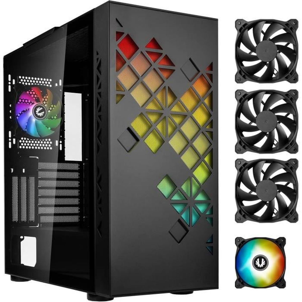 Case PC nero con pannello laterale in vetro, ventola RGB e tre ventole aggiuntive.
