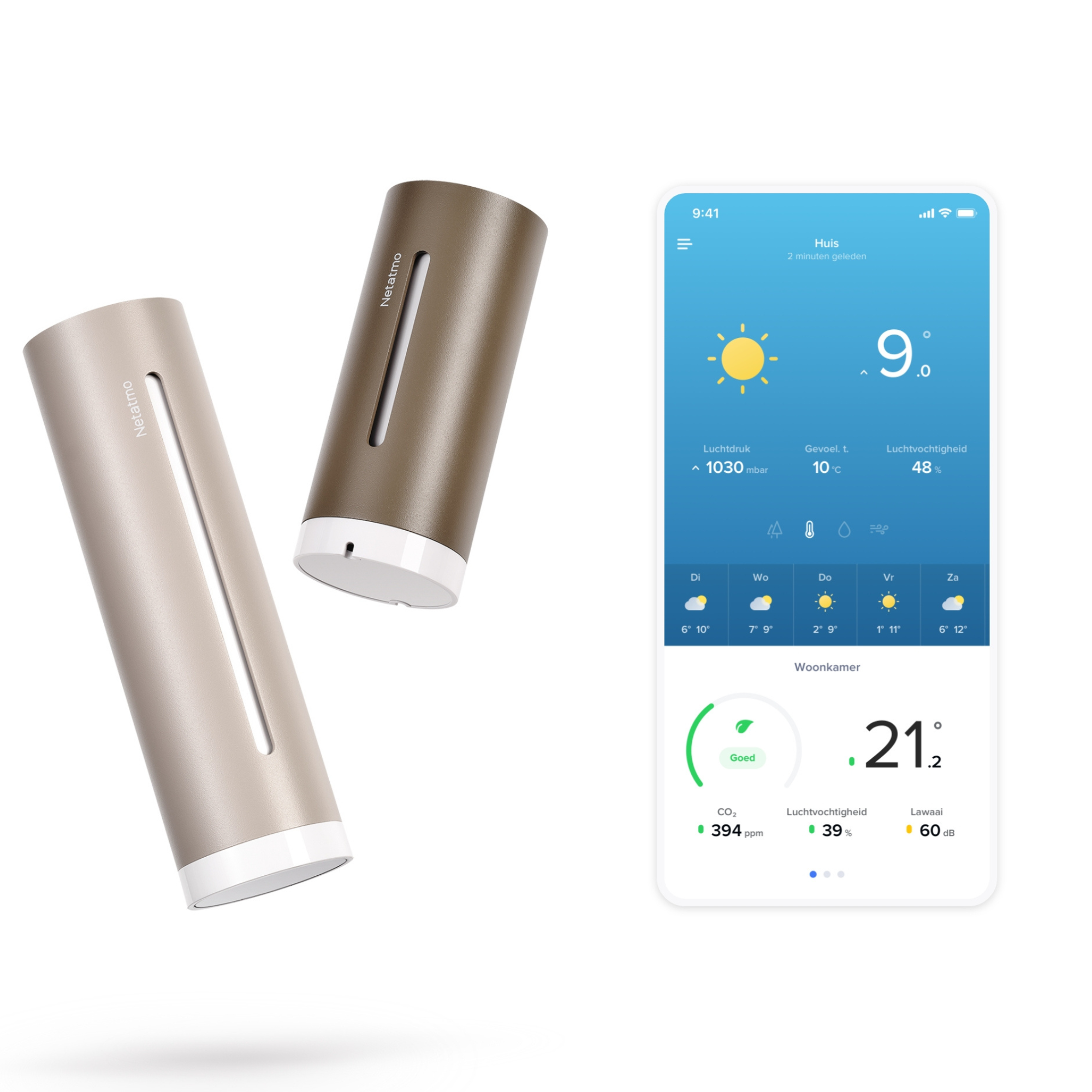 Two Netatmo sensors and a smartphone displaying weather data.