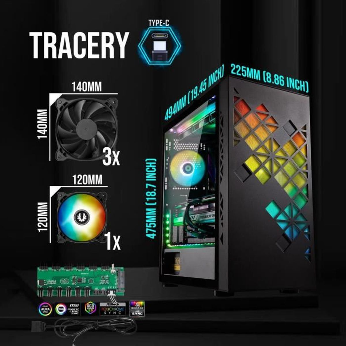 Case PC nero con ventole RGB e porta Type-C. Dimensioni indicate.