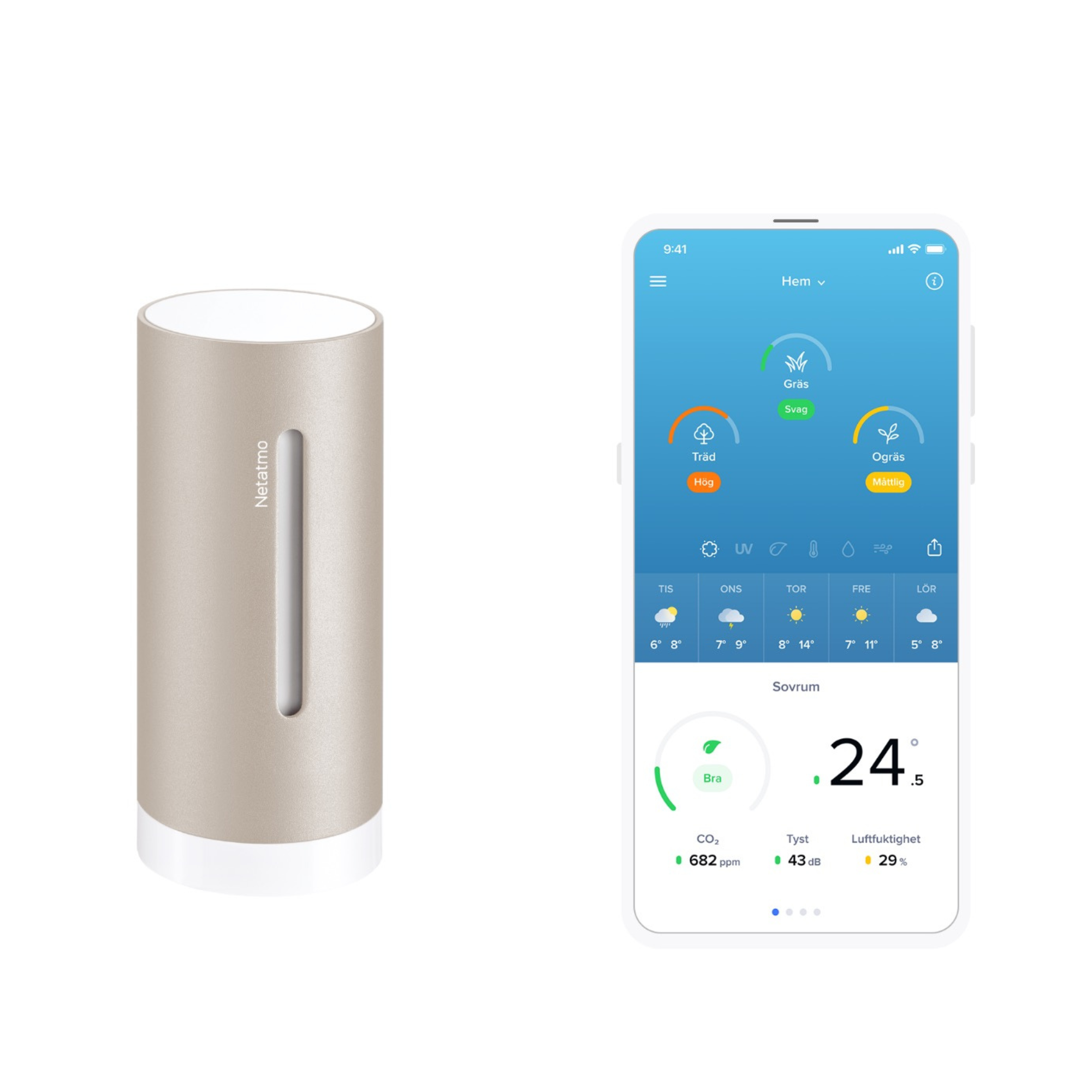 A slim, beige Netatmo device next to a smartphone displaying a weather app.