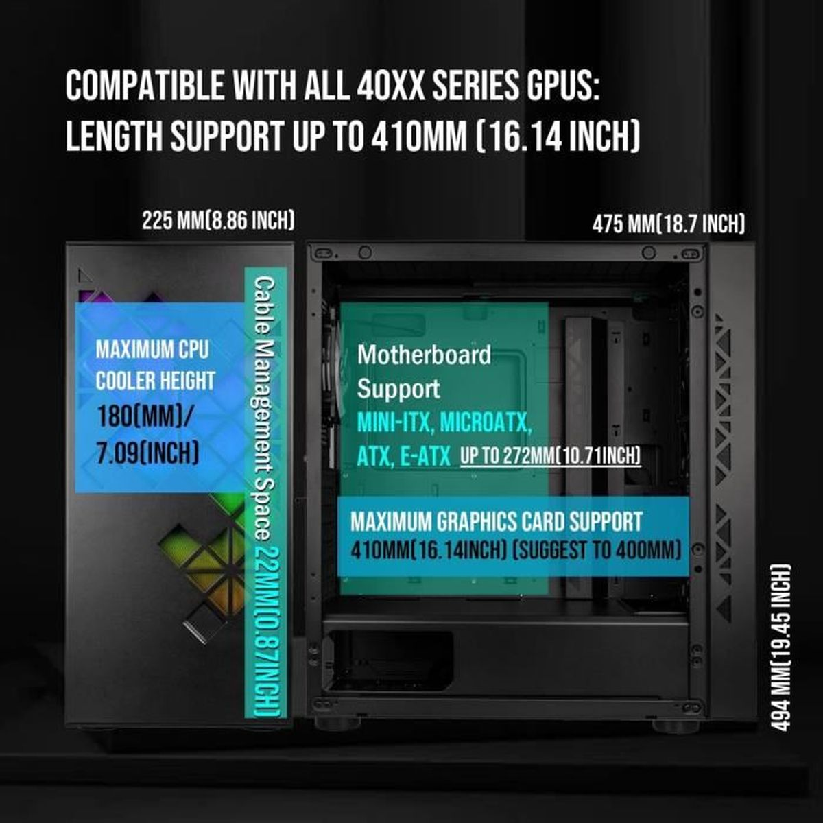 Case PC con specifiche per lunghezza GPU, altezza dissipatore CPU, supporto scheda madre e scheda grafica.