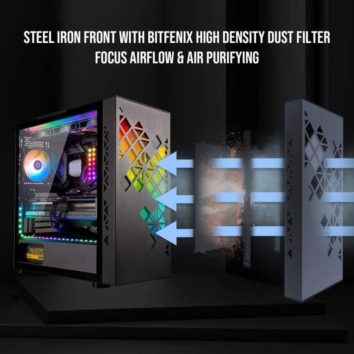 Case PC con ventola RGB e visualizzazione flusso d'aria. Effetto filtro antipolvere.