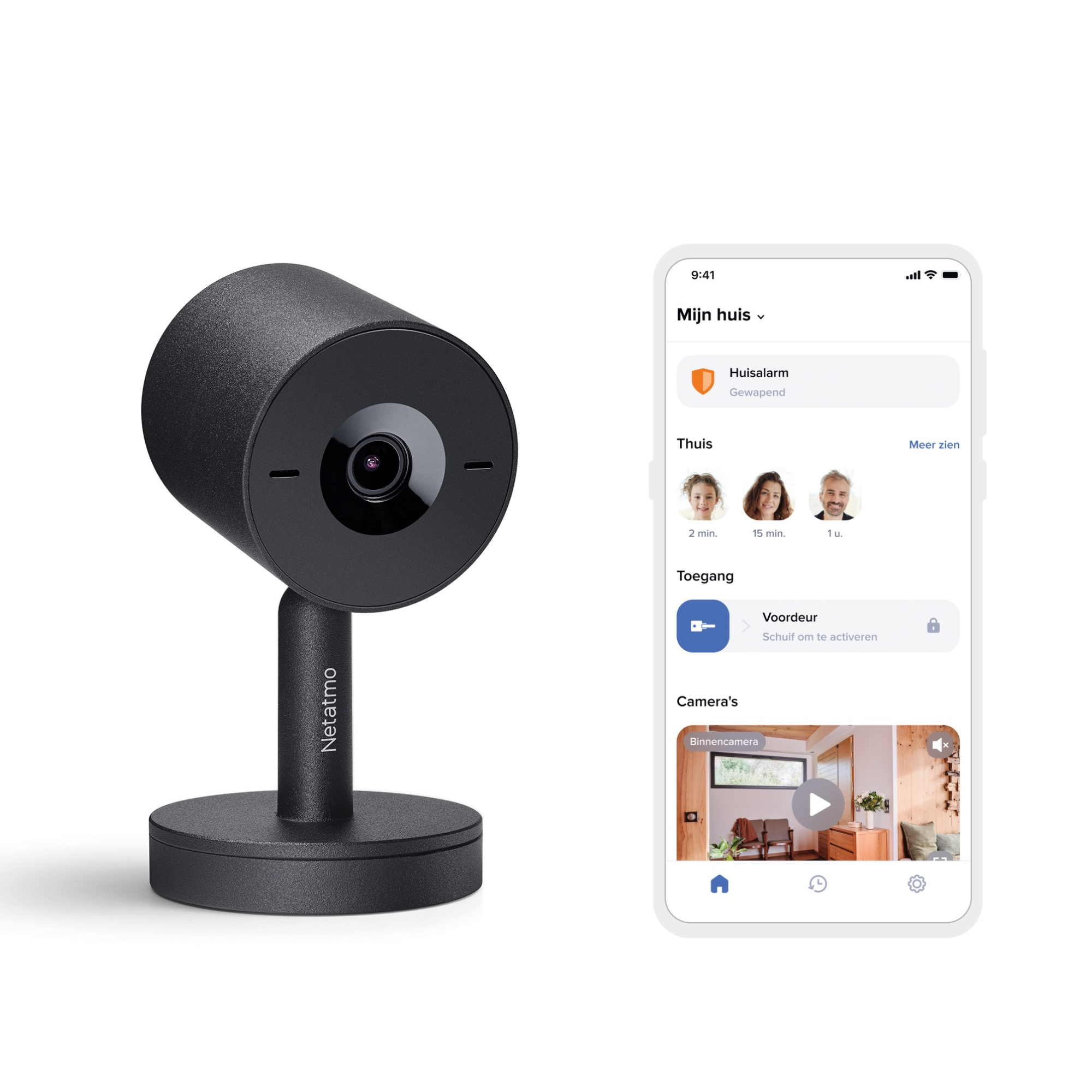 Caméra Netatmo noire à côté d'un smartphone affichant une application domotique.