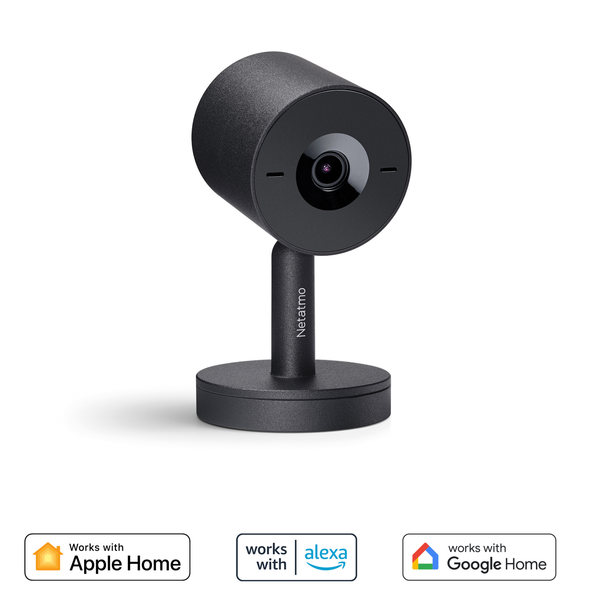 Une caméra de sécurité Netatmo noire avec une base ronde et un support.