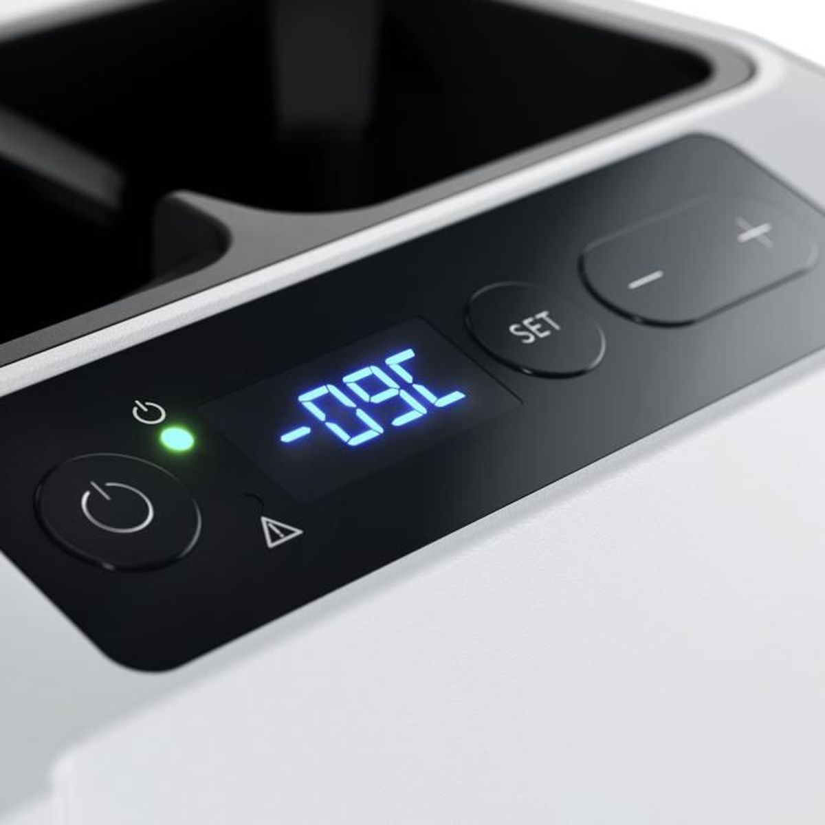Digitalanzeige zeigt -09C. Ein-/Aus-Schalter, grünes Licht, Einstellknopf, Plus- und Minus-Tasten.