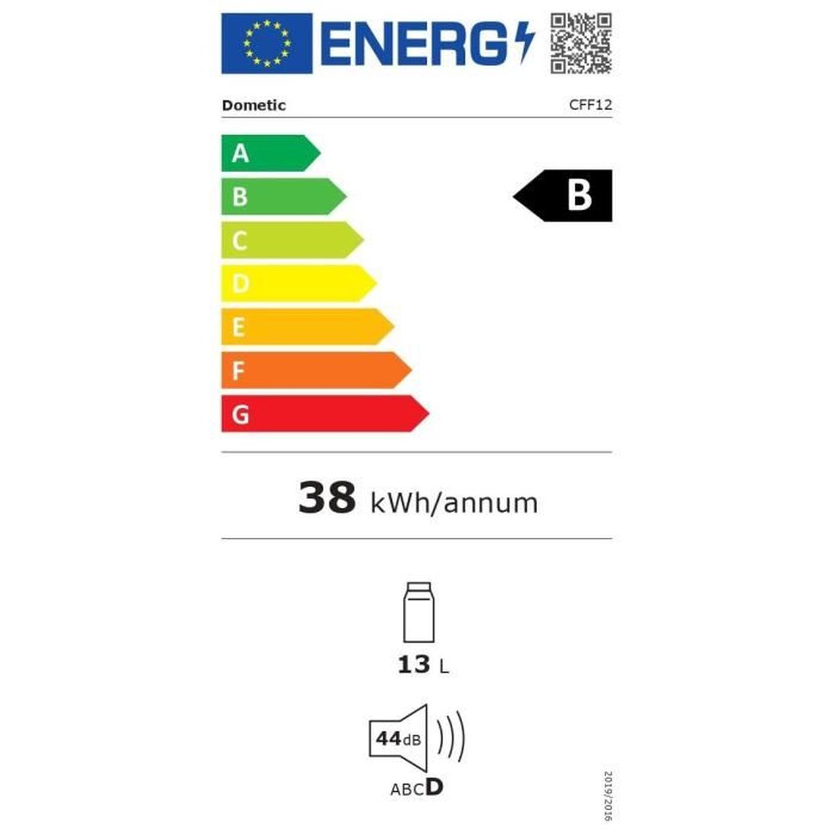 Energielabel für Dometic CFF12: Energieeffizienzklasse B, 38 kWh/Jahr, 13 L, 44 dB.
