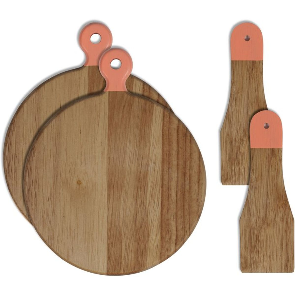 Zwei runde Holzbretter und zwei Holzspatel mit rosa Griffen.