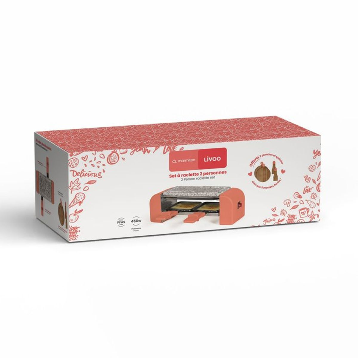 Eine orangefarbene Raclette-Box mit Kochgeschirr-Motiven und Produktinformationen.