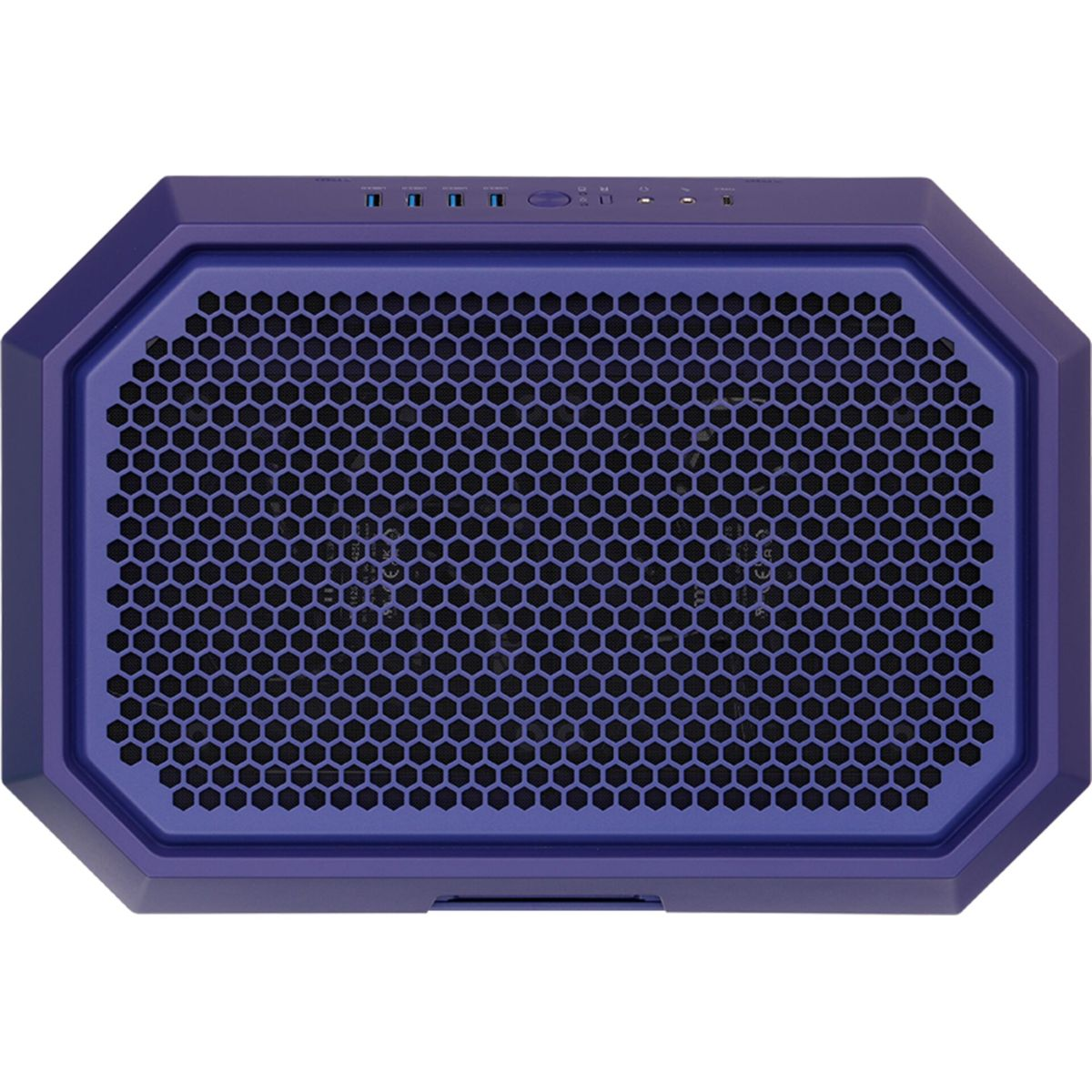 Case per computer viola con pannello frontale a rete esagonale e porte sopra.