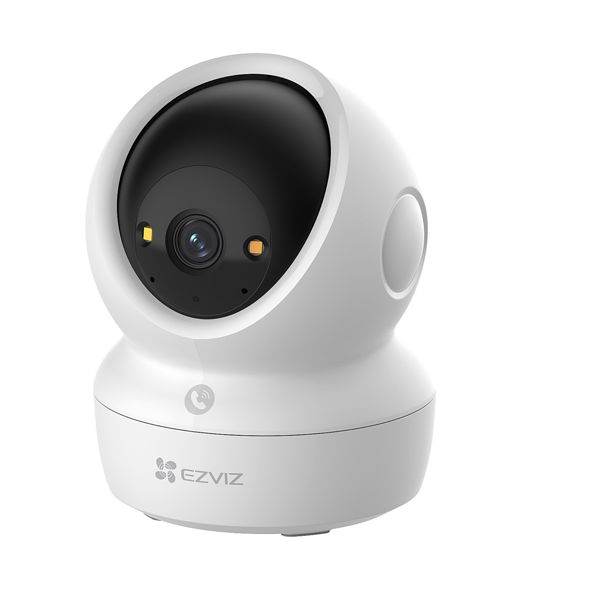Een witte beveiligingscamera met een zwarte lens en twee lampjes.