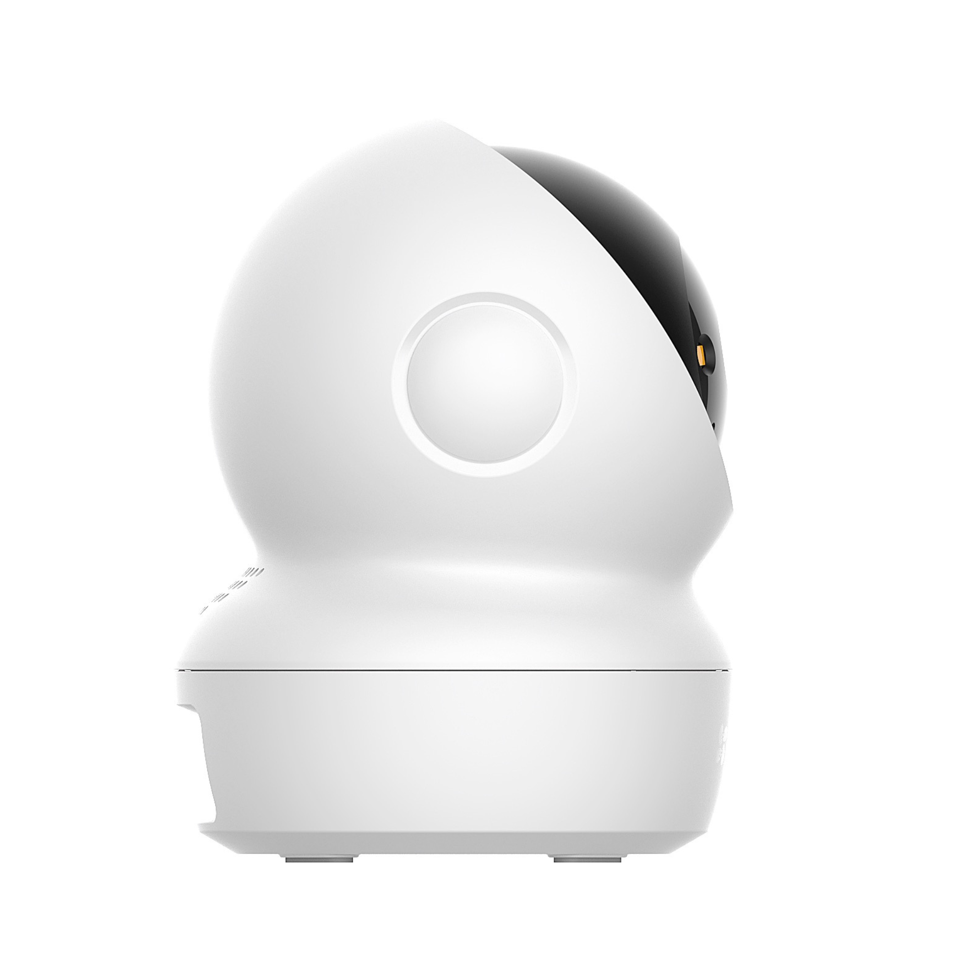 Een witte PTZ-bewakingscamerakop met een zwarte lens en een oranje lampje.