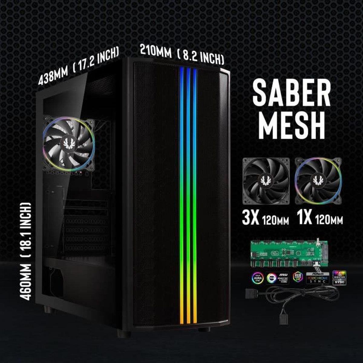 Un case PC nero con illuminazione RGB e ventole. Dimensioni indicate.