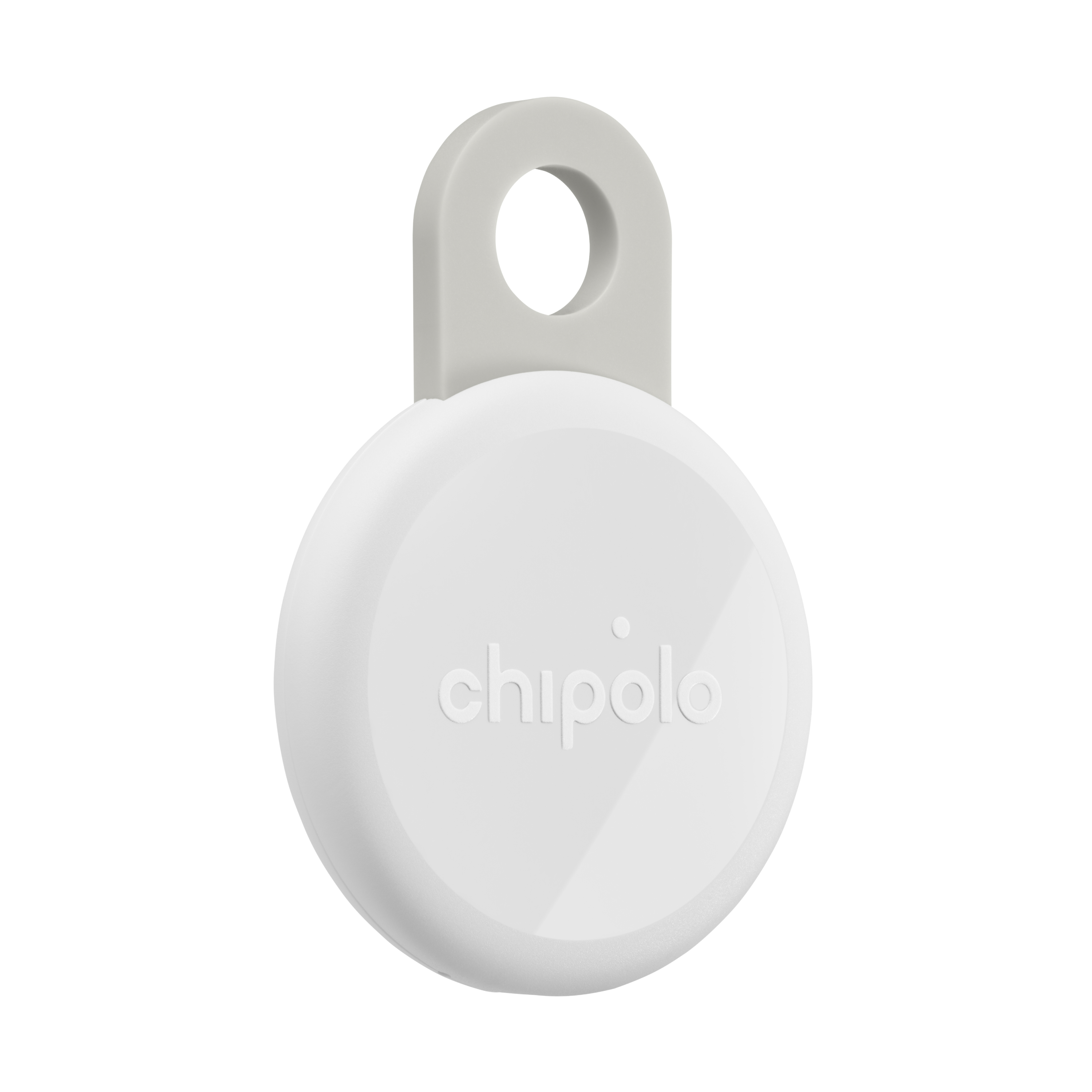 Un traceur Chipolo blanc avec un accessoire à boucle grise sur fond blanc.
